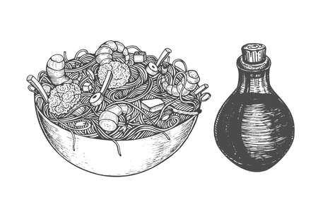 Asian fastfood with noodles shrimps, pepper, vegetables, soy sauce in a plate.のイラスト素材