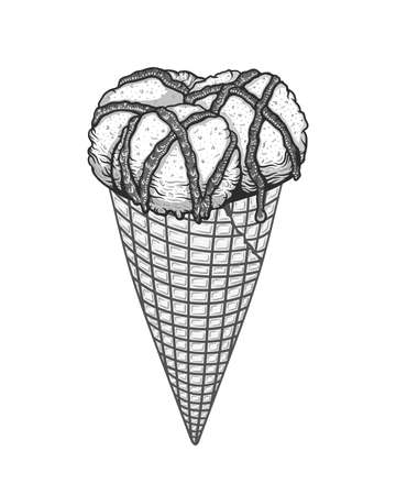 Three scoops of ice cream with chocolate sauce in waffle cone. Hand drawn doodle illustration in cartoon styleのイラスト素材