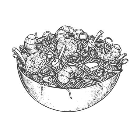 Asian fastfood with noodles shrimps, pepper, vegetables in a plate. Hand drawn vector illustration of tasty food doodle styleのイラスト素材