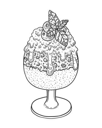 Ice cream with chocolate sauce in a glass. Hand drawn doodle illustration in cartoon styleのイラスト素材
