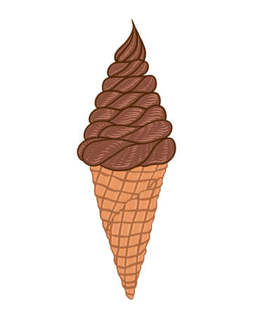 Soft chocolate ice cream in a waffle cone. Hand drawn doodle illustration in cartoon styleのイラスト素材