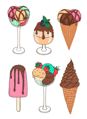 Set of hand drawn ice cream with waffle cone, cup, tall glass, chocolatte dressingのイラスト素材