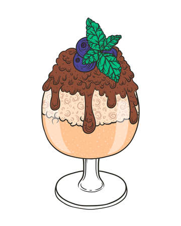 Ice cream with chocolate sauce in a glass. Hand drawn doodle illustration in cartoon styleのイラスト素材