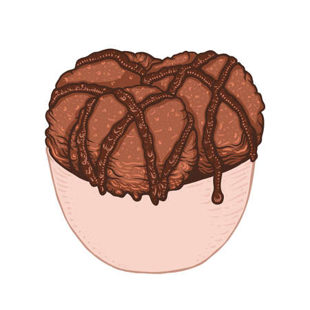 Three scoops of ice cream with chocolate sauce in a cup. Hand drawn doodle illustration in cartoon styleのイラスト素材