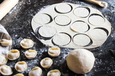 Preparation of pelmeni. Top view. The Ingredients on a black table. Traditional Russian cuisineの写真素材