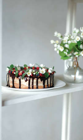Drip cake with chocolate, decorated with strawberries, jasmine flowers and honeysuckle on white wooden table on big plateの写真素材