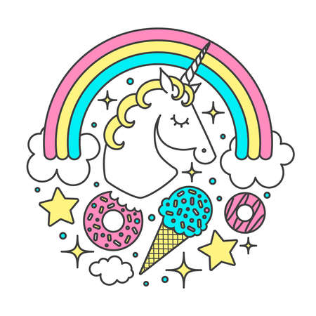 Vector circle composition with unicorn, rainbow, clouds, stars, ice cream, donuts. Cartoon style cute characterのイラスト素材