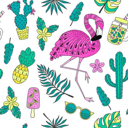 A Seamless pattern with flamingo, exotic leaves. Set of hand drawn vector tropical elementsのイラスト素材