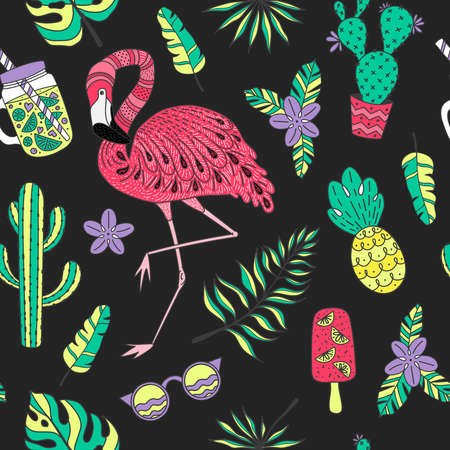 A Seamless pattern with flamingo, exotic leaves. Set of hand drawn vector tropical elementsのイラスト素材