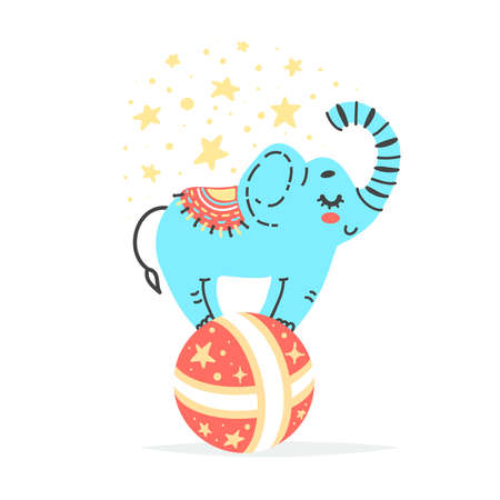 Vector illustration of elephant on red ball. Circus artist doing trickのイラスト素材