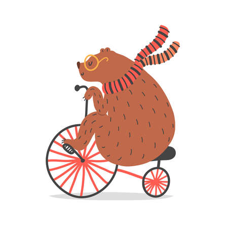 Vector illustration of bear on red bicycle. Circus artist doing trickのイラスト素材