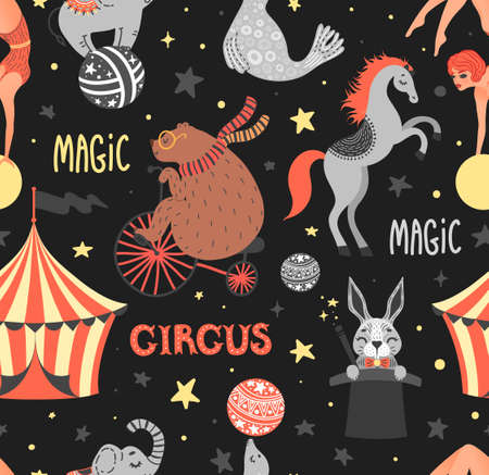 Vector illustration of circus animal. Cute cartoon characters. Set. Seamless patternのイラスト素材