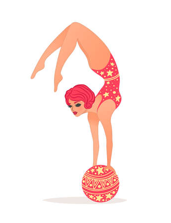 Vector illustration of woman standing on arms on ball. Circus artist doing trick. Cute cartoonのイラスト素材
