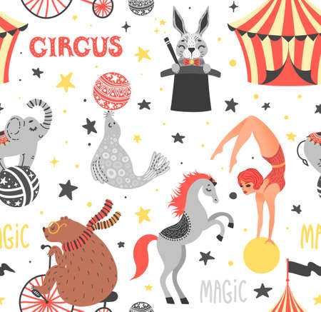 Vector illustration of circus animal. Cute cartoon characters. Set. Seamless patternのイラスト素材