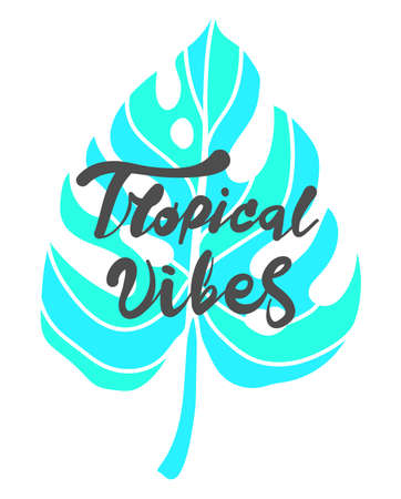 Lettering quote "Tropical vibes". Hand drawn vector illustration silhouette of palm leaf. Calligraphy colorful design for t-shirtのイラスト素材