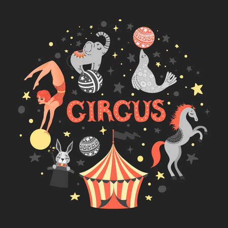 Vector illustration of circus animal. Cute cartoon characters. Setのイラスト素材