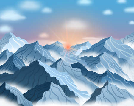 Vector illustration of mountain landscape with sunrise or sunset. Blue winter cliffs with fogのイラスト素材
