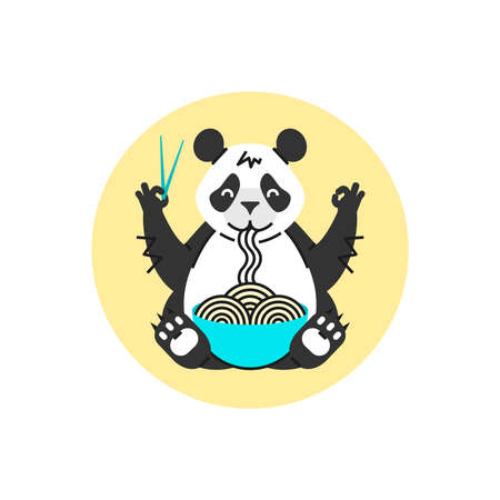 Panda eating noodles with chopsticks. Simple animal logotype for chinese or japanese cafe or poster. Cartoon style.のイラスト素材