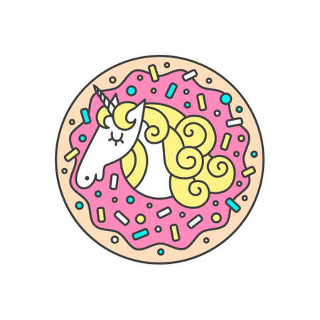 Vector circle composition or logo with unicorn in donut. Cartoon style cute character logotypeのイラスト素材