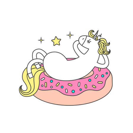 Vector illustration of funny unicorn in donut. Cartoon style cute character logo.のイラスト素材
