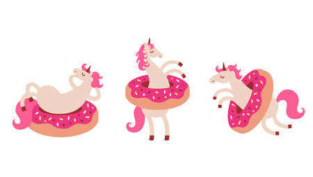 Set of funny unicorn in donuts. Cartoon style cute characterのイラスト素材