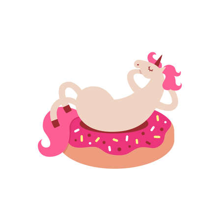 Vector illustration of funny unicorn lies on donut. Cartoon style cute characterのイラスト素材