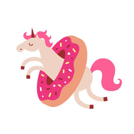 Vector illustration of funny unicorn jumping through a donut. Cartoon style cute character animalのイラスト素材