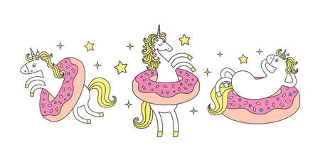 Set of funny unicorn in donuts. Cartoon style cute characterのイラスト素材