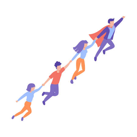 Concept of strong superhero leader. Flying in sky with his team to the topのイラスト素材