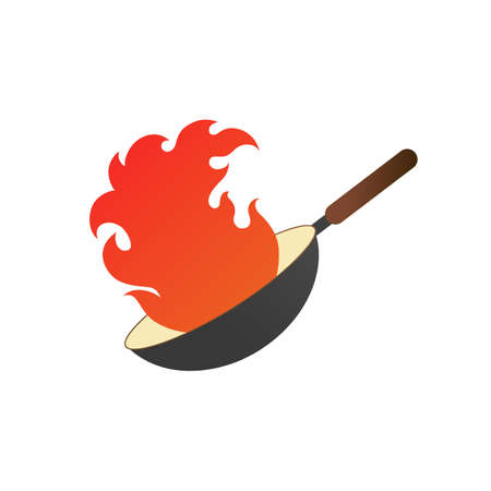 Pan with fire. Wok logo vector illustration with red flamesのイラスト素材