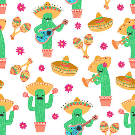 Seamless pattern with cute mexican cactus playing on guitar and trumpet and dancing with maracas. Vector illustrationのイラスト素材