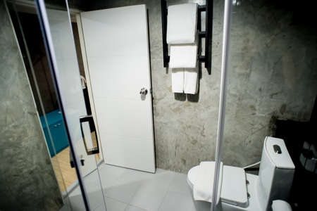 sanitaryware in the little bathroom with wooden floorのeditorial素材