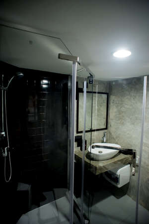 sanitaryware in the little bathroom with wooden floorのeditorial素材