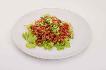 bolognese spaghetti, minced pork tomato sauce pasta on white dish.の写真素材