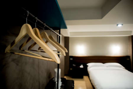 Modern tastefully and simply decorated bedroom of a small hotelのeditorial素材