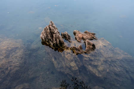 Landscape view across foggy river at sunriseの写真素材