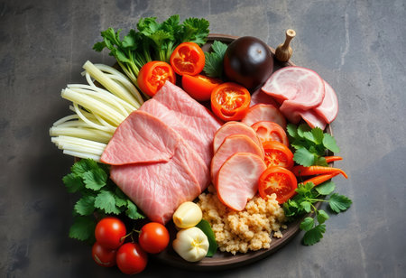 Ingredients for cooking quinoa porridge with ham, vegetables and mushroomsの素材