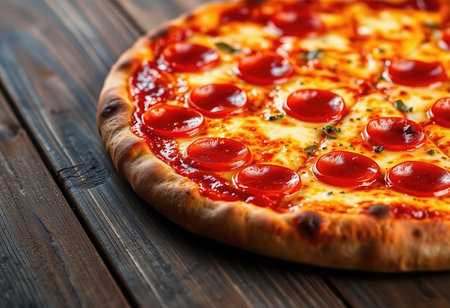 Pizza with mozzarella cheese and tomatoes on a wooden backgroundの素材