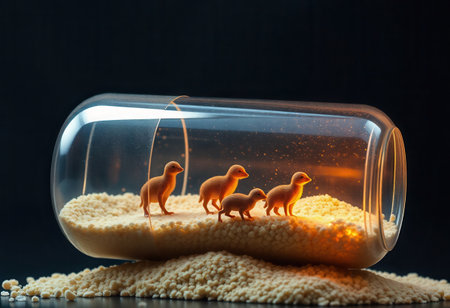 Group of baby birds in a glass jar on a black background.の素材