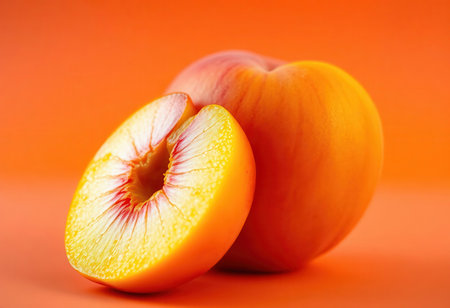 Freshly Sliced Peach Vibrant Orange Pink. A image of freshly sliced peach vibrant orange pink back. Suitable for use in commercial and editorial projects.の素材