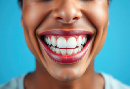 Close up of smiling african american woman's teeth on blue backgroundの素材