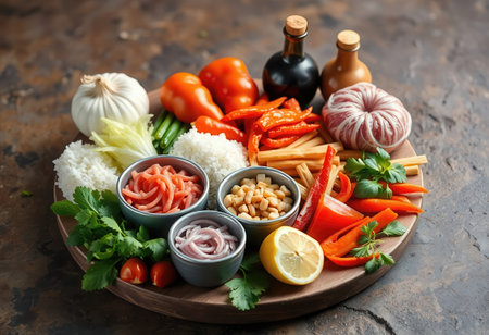 Ingredients for spicy Thai salad with rice, vegetables, herbs and spicesの素材