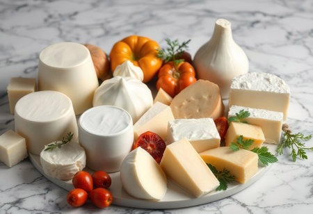 Plate with different types of cheese on white marble table, closeupの素材