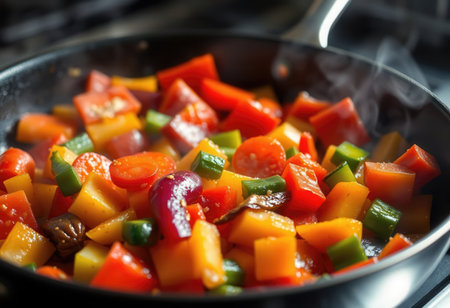 Slices of colorful bell pepper in a frying pan on the stoveの素材