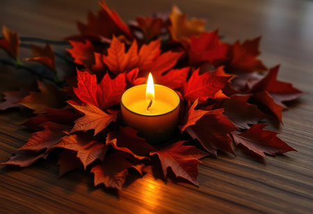 Candle and autumn leaves on a wooden table. Autumn background.の素材