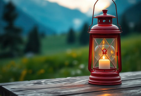 Lantern on a wooden table with mountains in the background.の素材