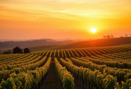 Vineyard Hills Sunset Orderly Grapevines. A image of vineyard hills sunset orderly grapevines. Suitable for use in commercial and editorial projects.の素材
