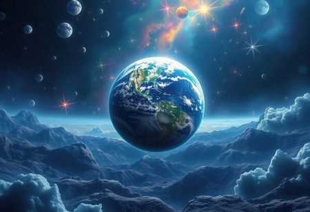 Vibrant planet earth floats amid illustration. A illustration of vibrant planet earth floats amid. Suitable for use in commercial and editorial projects.の素材