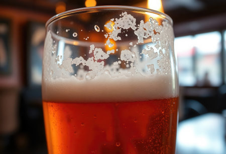 Frosty glass of beer with foam on blurred background, closeupの素材
