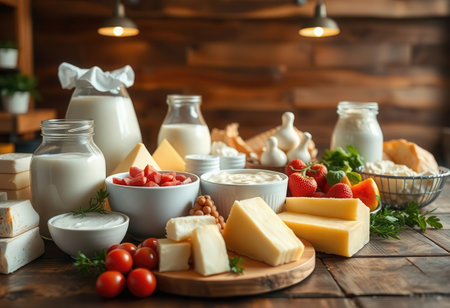 Different dairy products on wooden table in kitchen, closeup. Dairy productsの素材